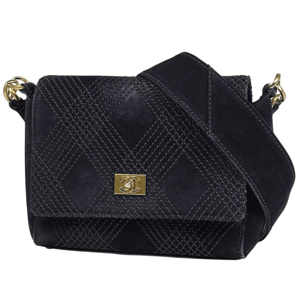 Chanel Coco Mark Shoulder Bag, Suede, Black, Women's